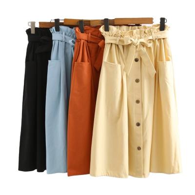 China 2021 Female Pleated Skirt Summer School Autumn Skirts Womens Midi Knee Length Button High Waist Breathable Korean Elegant Skirt for sale