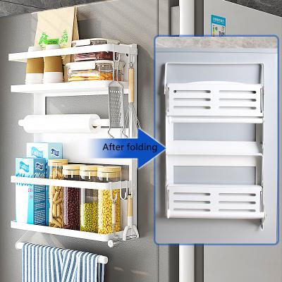 China Kitchen Wall Mounted 2 Tier Spice Organizer Carbon Steel Magnetic Fridge Rack Foldable Fridge Storage Viable for sale