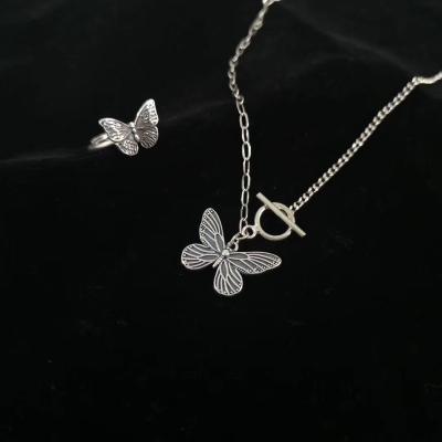 China Factory Wholesale Explosions S925 Sterling Silver Retro Butterfly Charming Fashion Ring Ladies Necklace High End Jewelry Set CLASSIC for sale