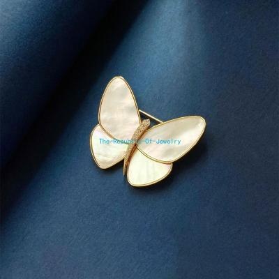 China Wholesale S925 Champagne Gold Mother Of Pearl Diamond Butterfly Women's Brooch Pin Anniversary Hot Sale Factory Wedding Jewelry for sale