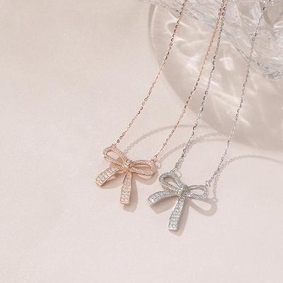 China CLASSIC fashion S925 Sterling Silver Zircon Bow Necklace plated with Rose Gold Factory A women's party necklace for sale