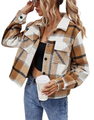 China Top Quality Anti Shrink Fashion Plus Size Casual Plaid Sleeve Button Down Long Lapel Jacket Suit For Ladies With Pockets for sale