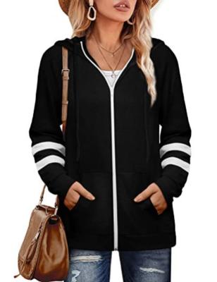 China Breathable Long Sleeve Design Long Pocket White Stripe Design Hoodies Womens Full Zipper Hoodie for sale