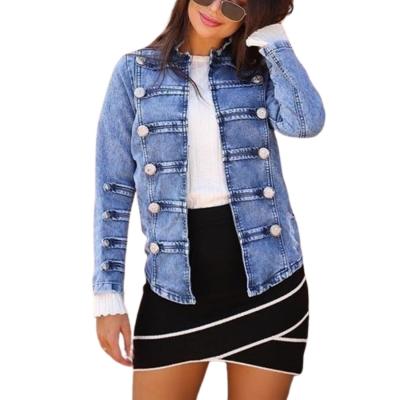 China Breathable Women Blue Washed Denim Jackets Long Sleeve Jean Coat Distressed Casual Double Breasted for sale