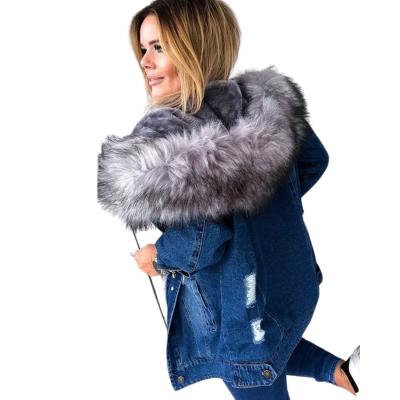 China 2021 Women's Casual Faux Fur Hooded Denim Jacket Breathable Button Down Jeans Jackets for sale