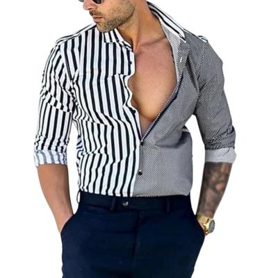 China Breathable Custom Mens Full Sleeve Color Block Striped Button Down Casual Shirts Long Sleeve T-Shirt for sale