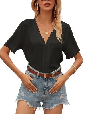 China Viable Short Sleeve Lace Design V-Neck Summer Shirt Short Sleeve Crop Top for sale