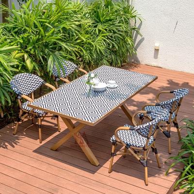 China 2022Outdoor Modern Restaurant Furniture Modern Bistros 6 Pieces Fabric Table Cloth Aluminum Square Dining Chairs Patio Garden Set for sale