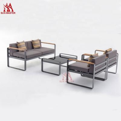 China 4 PCs Teak Wood Outdoor Modern Outdoor Aluminum Patio Sectional Sofa Sofa With Waterproof Cushion Sofa Set Garden Furniture Leisure for sale