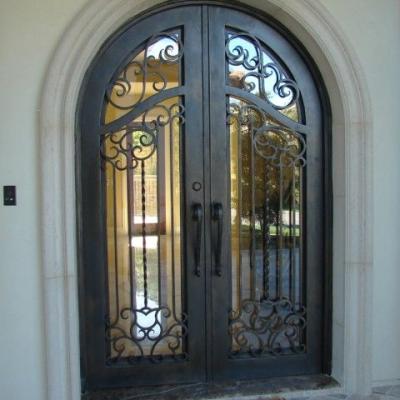 China Modern Exterior Apartment Arch Design Partly Wrought Iron Double Door for sale