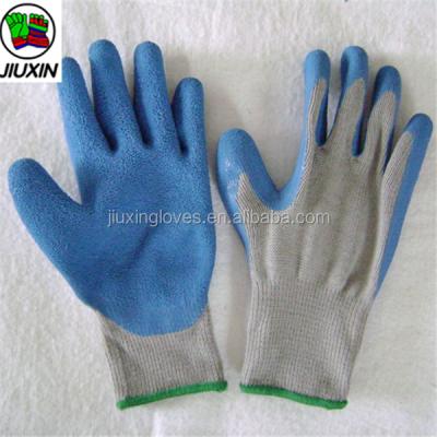 China Anti-Slip Gray Cotton Twine Knitted Seamless Gloves With Blue Latex for sale