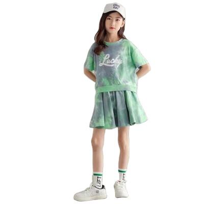 China Little girl's casual suit summer 2022 new tie-dye letter print sports skirt pants children's two-piece short-sleeved T-shirt girl's clothes girl for sale