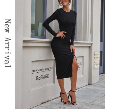 China New Solid Color Anti-Static O-Neck Split Long Sleeve Dress Hot Selling Women Mid Length Bodycon Dresses for sale