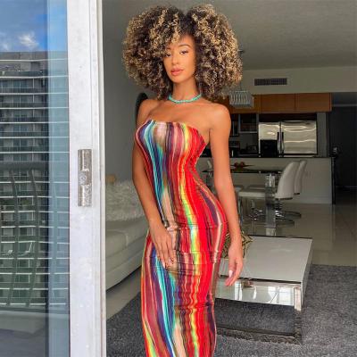 China New Anti-Static Summer Women Fashion Strapless Colorful Striped Bodycon Maxi Dresses Casual Dress Ladies for sale