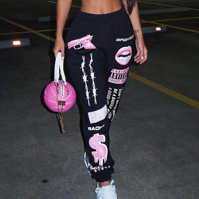 China 2021 New Autumn Fashion Print Anti-Static Women Jogging Trousers Elastic Waist Polyester Casual Women's Jogger Pants With Graffiti for sale