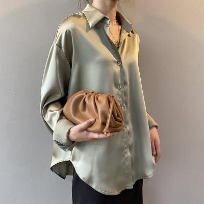 China 2021 50% Discount New Autumn Women Button Blouses Solid Color Satin Ladies Casual Shirts Anti-pilling for sale