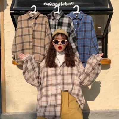 China Anti-pilling 2021 New Autumn Casual Loose Plaid Shirts Polyester Womens Long Blouses for sale