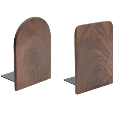 China Customized Walnut Logo Metal Wooden Bookends Shelf Kids Room Study Base Book Holder for sale