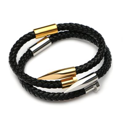 China TRENDY New Men's Fashion Stainless Steel Stud Genuine Leather Bracelet With Magnetic Clasp for sale