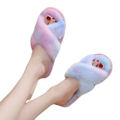 China Keep Warm Winter Home Slippers Shoes Female Hairy Fur Toe Slides Women Open Slippers Warm Faux Cross Soft Plush Ladies Slippers for sale