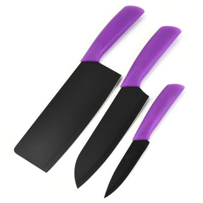 China Sustainable High Quality Purple 3 Piece Outdoor Black Coated Blade Kitchen Knife Set for sale