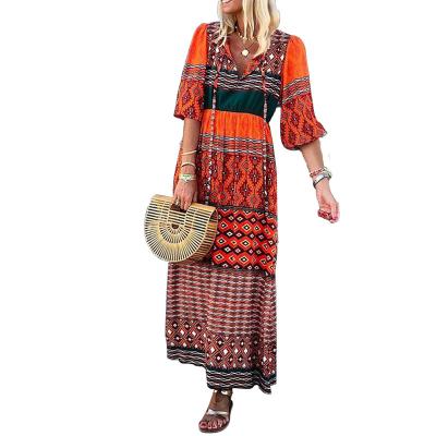 China Women Summer Bohemian Boho Breathable Beach Loose Three Quarter To Print Long Fashion Dresses for sale