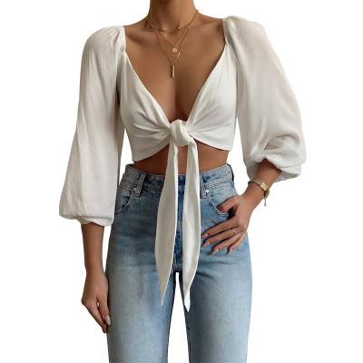 China Autumn New Women Spring Anti-wrinkle sexy chic V-neck lace up fitted solid color club shirt crop top for sale