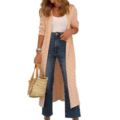 China 2022 Elegant New Arrival Women's Autumn New Stripe Loose Fit Cardigan Coat Outerwear Anti-wrinkle Long for sale