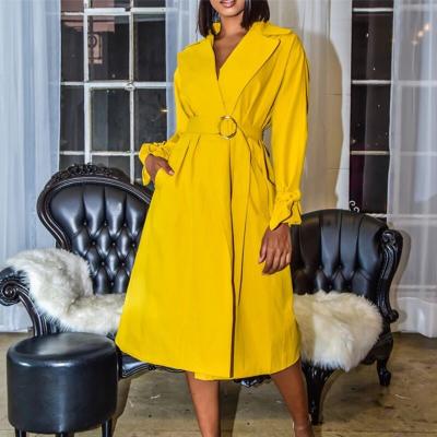 China Anti-wrinkle Fashion Belted Tunic Long Sleeve Elegant Slim Lapel Women's Vintage Blazer Solid Ditch Coat for sale