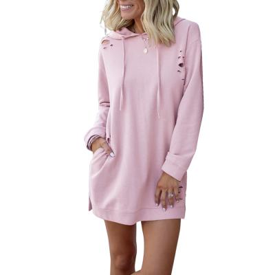 China Breathable Women's Simple Simple Long Sleeve Ripped Small Group Tunic Drawstring Hoodie Dress for sale