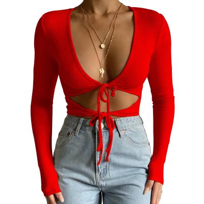 China Autumn Women's fashion QUICK DRY Deep V-neck tie lace up sexy club wear cut fitted base top for sale