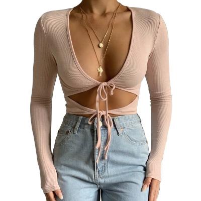 China Autumn Women's fashion QUICK DRY Deep V-neck tie lace up sexy club wear cut fitted base top for sale