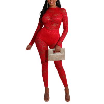 China Anti-pilling Autumn New Women Hollow Lace Backless Spring Sexy Long Sleeve Fitted Bodycon Party Club Jumpsuit for sale