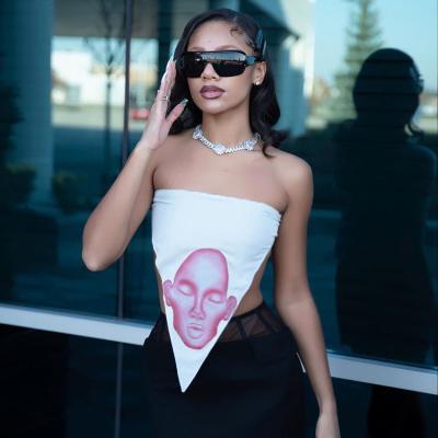 China 2021 New Art Face Print Tube Top Waistless Spring Women's Plus Size Back T-shirt Women's Superior Ins Cultivate Superior for sale