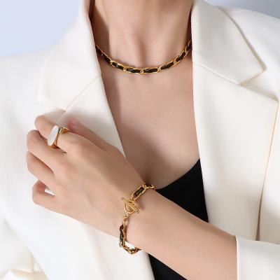 China New Arrival TRENDY Design Titanium Steel 18k Gold Plated Leather Rope Fashion Jewelry Necklace Bracelet Set for sale