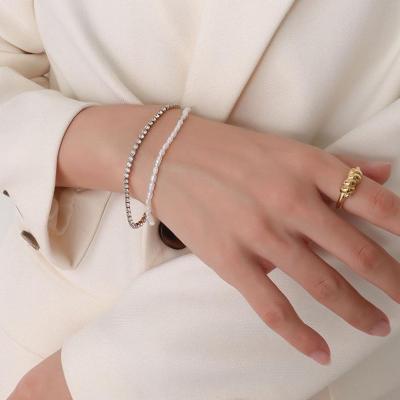 China Wholesale Fashionable Hyperbola Double Layer Titanium Steel Personalized Pearl Rhinestone Design Charm Chain Bracelet for sale