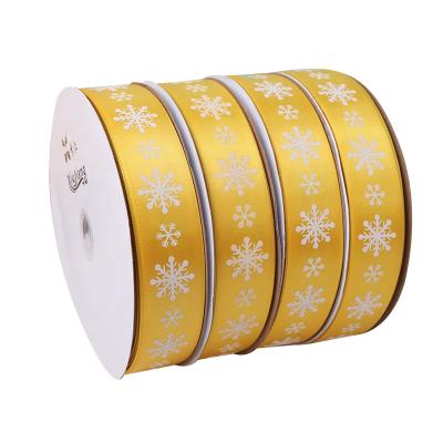 China Other Customized 3cm Yellow Christmas Satin Ribbons With White Printed Polyester Satin Wholesale High Quality Ribbon for sale