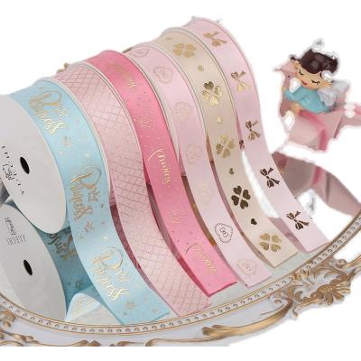 China Eco Fridendly 100% Satin Ribbon Printed Hot Stamping Ribbon 3D Gold Pink/Silver Shiny Logo For Wrapping Flower for sale