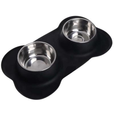 China Hot Selling Silicone Non-automatic Mat Pet Table Mat Silicone Pet Bowl Double Dog Bone Bowl Pet Food New for sale