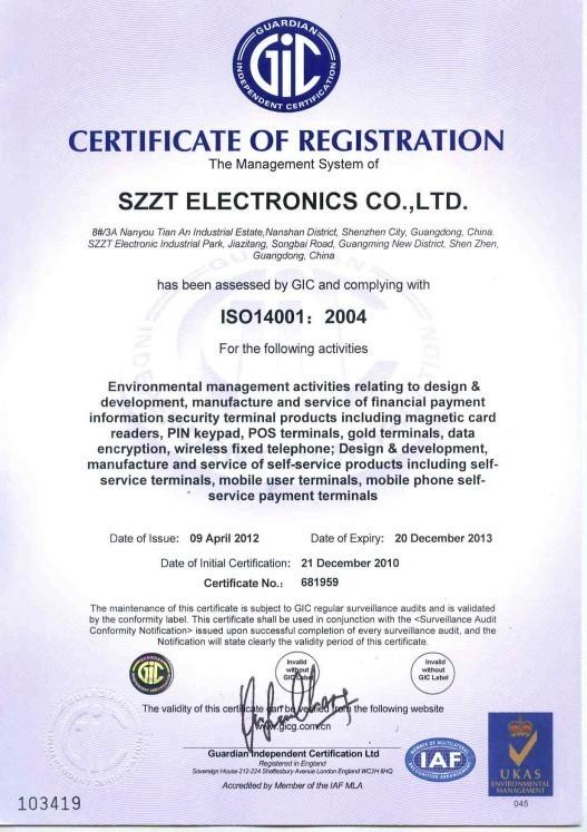 ISO14001;2004 - SZZT Electronics Co., Ltd