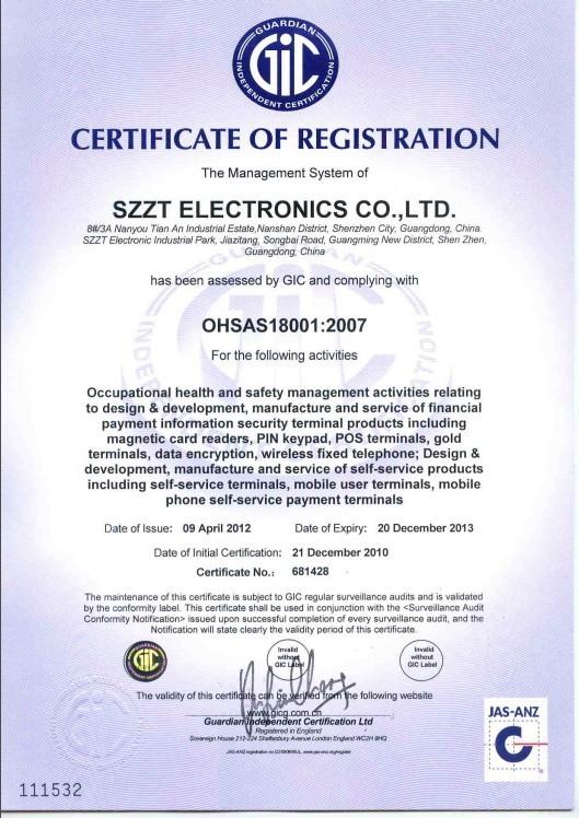 OHSAS18001;2007 - SZZT Electronics Co., Ltd