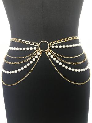 China Fashion Female US Size Ring Pearl Metal Rhinestone Luxury Heavy Chain Belt For Women Multilayer for sale