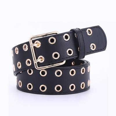 China Fashion.Casual Double Grommet Eyelets Rivets PU Leather Double Holes Belts For Woman Men Belt Jeans Pants Waist Punk Chic Stylish Dress for sale