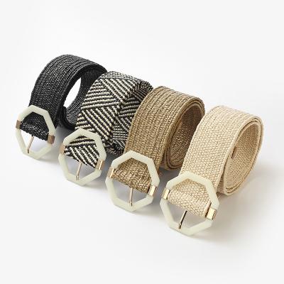 China Elastic Stretch Raffia Belt Comfortable Skinny PP Straw Braided Vintage Knitted Waist Dress Belt For Lady Plastic Wood Buckle for sale