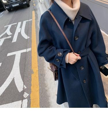 China Anti-wrinkle Hepburn haze coat blue woolen women fall and winter double-sided cashmere mid length woolen coat 2021 new for sale