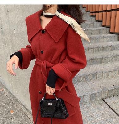 China Hepburn Style Cashmere Anti-Wrinkle Coat Mid Length Red Wool Coat Double Faced Female Coat Spring And Autumn Coat for sale