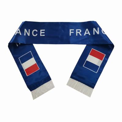 China Polyester Custom Design Satin Polyester France Soccer Fan Scarf Digital Printing Two Layer Sports Scarves 15*135cm for sale