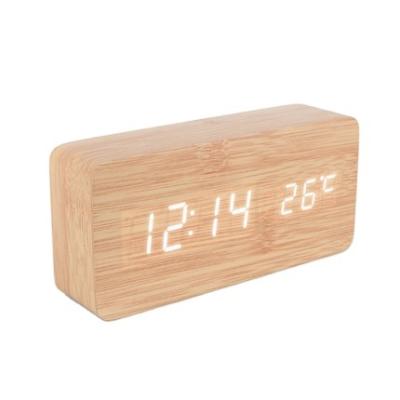 China New Material Calendars MDF Voice Control AAA Battery and USB Charger Wooden Digital Desk Clock Wooden Led Alarm Clock for sale