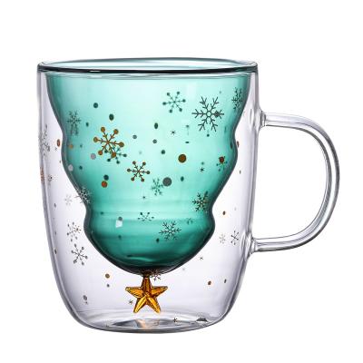 China 2021 Factory Wholesale OEM Gift Best Viable Christmas Tree Decorated Cup Borosilicate Double Wall Glass Cup With Lid for sale