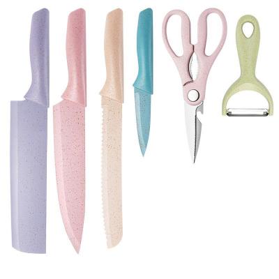 China 2021 Viable New Style 6 Piece Color Wheat Straw Set Stainless Steel Cutter Set Kitchen Knife Fruit Knife for sale